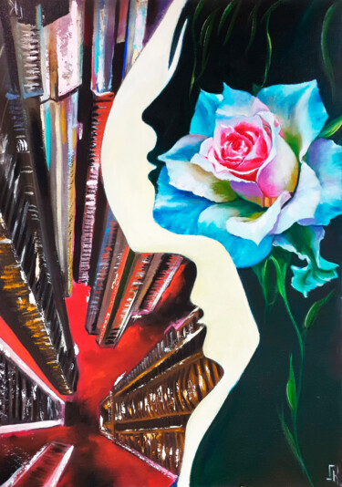 Rose and skyscraper Painting titled "Rose and skyscraper" by Konstantin Gusev, Original Art, Oil Mounted on Cardboard