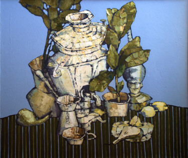 Dessin intitulée "Натюрморт с самовар…" par Konstantin Konevskikh, Œuvre d'art originale, Huile Monté sur Châssis en bois