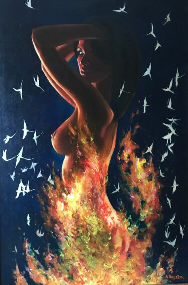 Картина под названием "Огонь и мотыльки." - Константин Попков, Подлинное произведение искусства, Масло Установлен на Деревян…