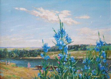 Картина под названием "цветы над рекой" - Константин Попков, Подлинное произведение искусства, Масло