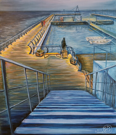 Painting titled "Evening pier  (Вече…" by Konstantin Rudnev, Original Artwork, Oil