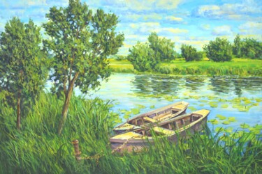 제목이 "Летний пейзаж с лод…"인 미술작품 Константин Сидорович로, 원작, 기름 나무 들것 프레임에 장착됨