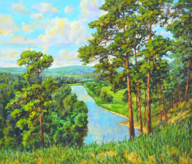 Картина под названием "Сосны у реки" - Константин Сидорович, Подлинное произведение искусства, Масло Установлен на Деревянна…