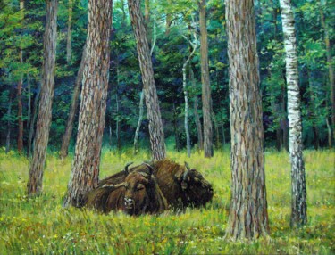 Painting titled "Зубры в лесу" by Konstantin Sidorovic, Original Artwork, Oil Mounted on Wood Stretcher frame