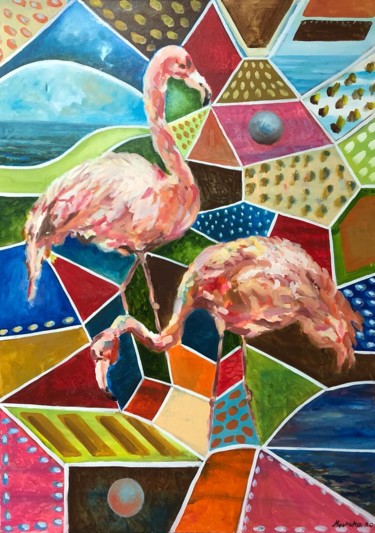 Картина под названием "Flamingos in the ab…" - Mamuka Morgoshia, Подлинное произведение искусства, Масло