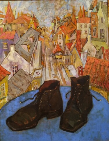 Картина под названием "Ботинки. Крыши Амст…" - Константин Удалов, Подлинное произведение искусства, Масло