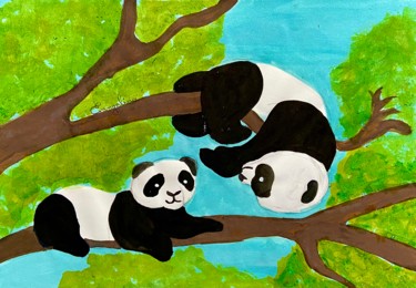 Painting titled "Cute Panda’s 🐼 Fami…" by Evangelina, Original Artwork, Acrylic