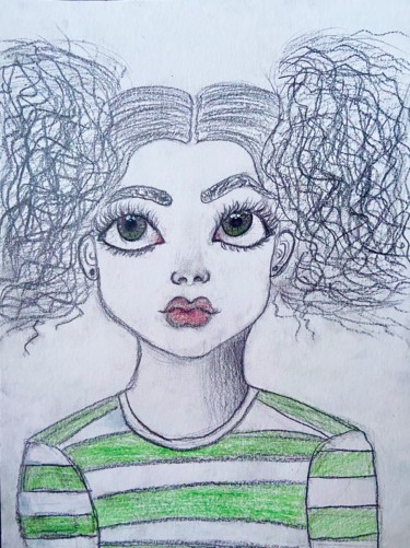 Painting titled "Girl 👧 with green e…" by Evangelina, Original Artwork, Pencil