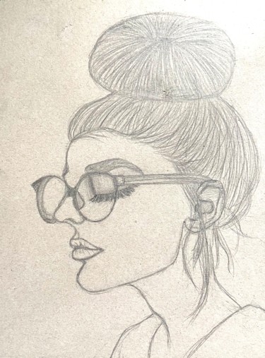 Drawing titled "Fille à lunettes" by Evangelina, Original Artwork, Pencil