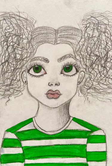 Painting titled "Girl 👧 with green e…" by Evangelina, Original Artwork, Acrylic