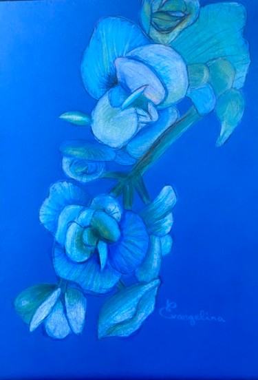 Dessin intitulée "Enigmatic Blue Orch…" par Evangelina, Œuvre d'art originale, Crayon
