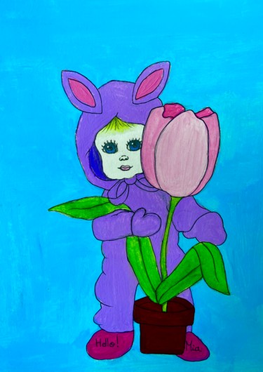 Painting titled "Baby Bunny à la tul…" by Evangelina, Original Artwork, Acrylic