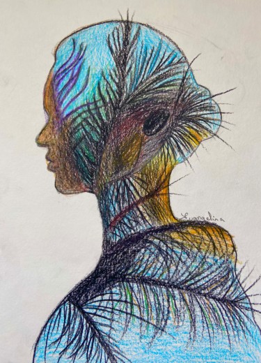 Drawing titled "Feather-Girl" by Evangelina, Original Artwork, Pencil