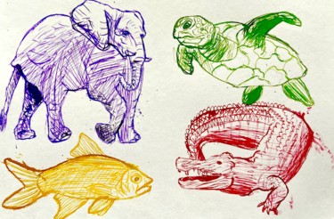 Dessin intitulée "Zoologie illustrée…" par Evangelina, Œuvre d'art originale, Encre