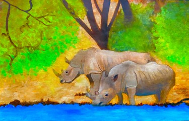 Pittura intitolato "Two Rhinoceros At A…" da Evangelina, Opera d'arte originale, Olio