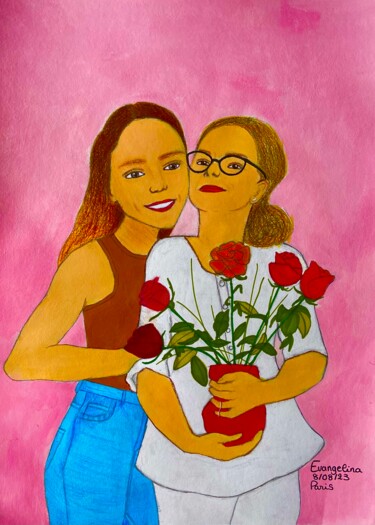 Malerei mit dem Titel "Love 💕 (Mother & Da…" von Evangelina, Original-Kunstwerk, Acryl