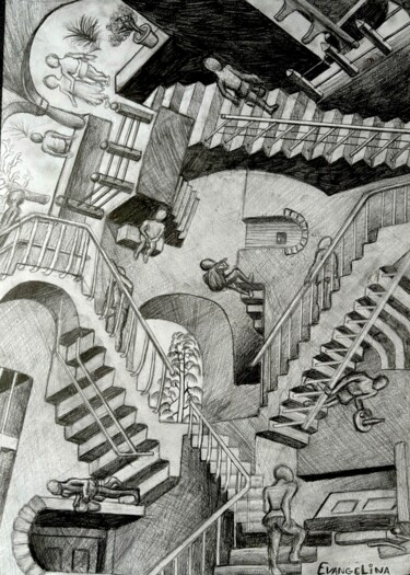 Zeichnungen mit dem Titel "Relativity-Gravity-…" von Evangelina, Original-Kunstwerk, Bleistift
