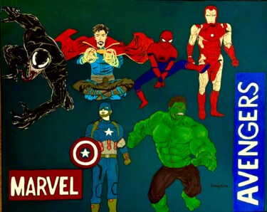 Schilderij getiteld "MARVEL AVENGERS" door Evangelina, Origineel Kunstwerk, Acryl Gemonteerd op Frame voor houten brancard