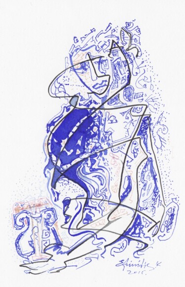 Malarstwo zatytułowany „Girl with a lyre” autorstwa Konstantinos Efimidis, Oryginalna praca, Atrament