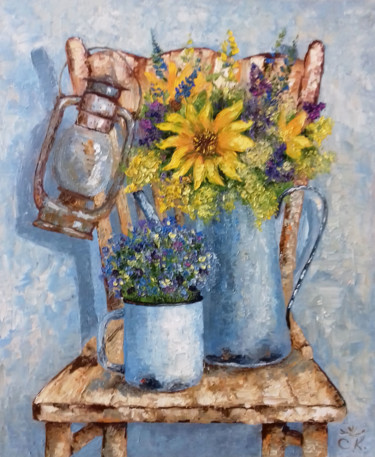 Картина под названием "Садовый букет с лам…" - Svetlana Konstantinova, Подлинное произведение искусства, Масло