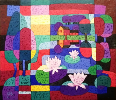 Картина под названием "Цветущий пруд" - Svetlana Konstantinova, Подлинное произведение искусства, Масло