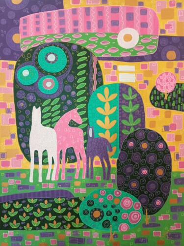 Картина под названием "Лошадки в цветущем…" - Svetlana Konstantinova, Подлинное произведение искусства, Акрил