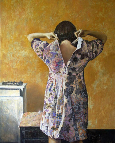 Painting titled "DRESS II - woman in…" by Konstyantyn Lyzogub, Original Artwork, Oil Mounted on Wood Stretcher frame