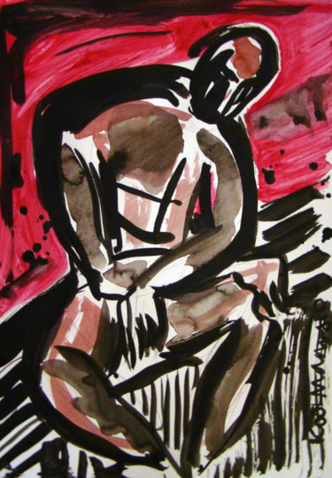 Malerei mit dem Titel "Seated Man with Red…" von Koola Adams, Original-Kunstwerk, Acryl