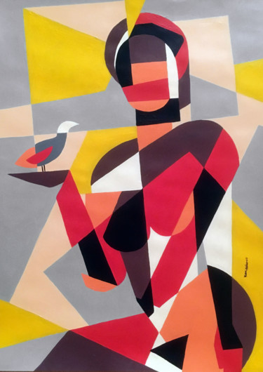 Malerei mit dem Titel "Nude with Bird" von Koola Adams, Original-Kunstwerk, Acryl