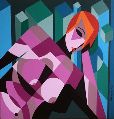 Painting titled "Nude in Pink and Bl…" by Koola Adams, Original Artwork, Acrylic