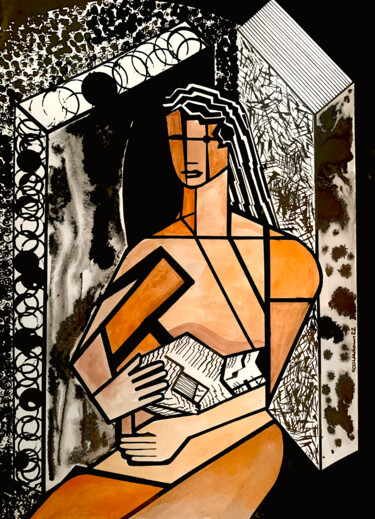 Painting titled "Cubist Woman with C…" by Koola Adams, Original Artwork, Watercolor