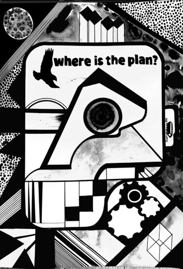 Рисунок под названием "Where is the Plan?" - Koola Adams, Подлинное произведение искусства, Чернила