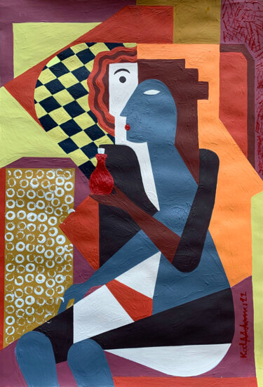 Schilderij getiteld "Woman with Bottle" door Koola Adams, Origineel Kunstwerk, Acryl