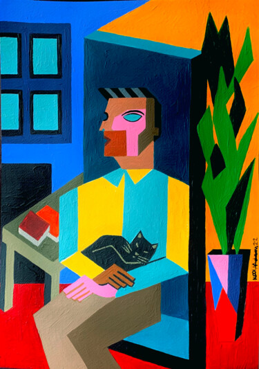 Картина под названием "Man with Black Cat" - Koola Adams, Подлинное произведение искусства, Акрил