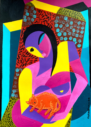 Malerei mit dem Titel "Woman with Cat" von Koola Adams, Original-Kunstwerk, Acryl