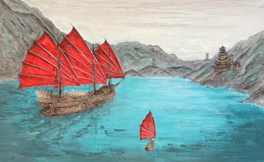 Malerei mit dem Titel "Three Red - Chinese…" von Koorosh Nejad, Original-Kunstwerk, Acryl