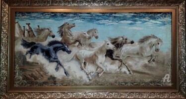 Textilkunst mit dem Titel "Running Horses" von Korhan, Original-Kunstwerk, Tapisserie