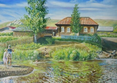 Painting titled "Лето в деревне" by Elena Kornienkova, Original Artwork, Oil