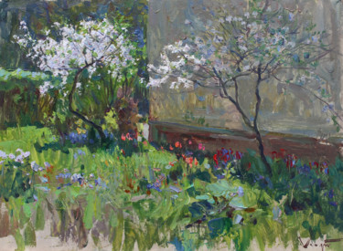 Painting titled "Cherry blossoms" by Анатолий Коробкин, Original Artwork, Oil