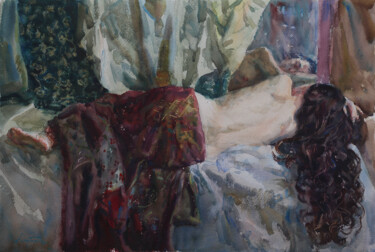Peinture intitulée "Girl in front of th…" par Анатолий Коробкин, Œuvre d'art originale, Aquarelle