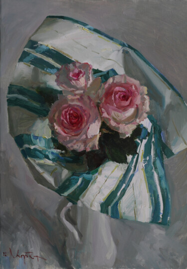 Painting titled "Roses" by Анатолий Коробкин, Original Artwork, Oil Mounted on Wood Stretcher frame
