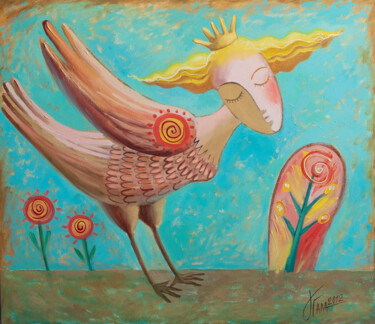 Schilderij getiteld "Bird Gamayun" door Galina Gataullina, Origineel Kunstwerk, Olie