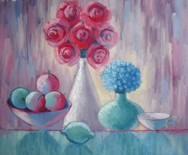 Painting titled "Розы и низабудки" by Galina Gataullina, Original Artwork, Oil