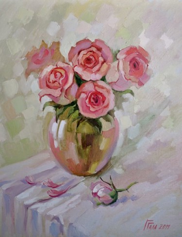 Картина под названием "Розовые розы" - Galina Gataullina, Подлинное произведение искусства, Масло