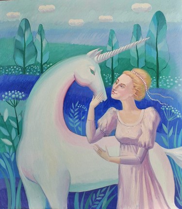 Schilderij getiteld "Дева и единорог" door Galina Gataullina, Origineel Kunstwerk, Olie