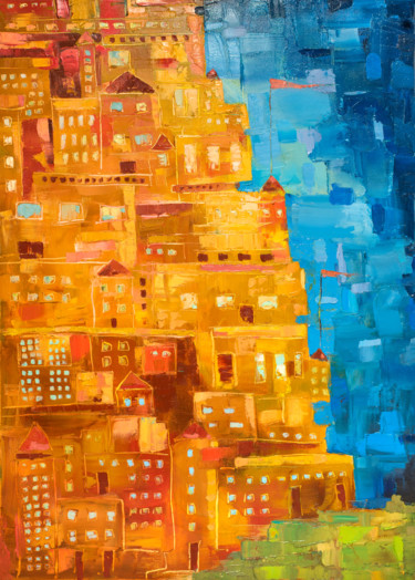 Painting titled "City in the Mountain" by Mihail Ivanov, Original Artwork, Oil Mounted on Wood Panel