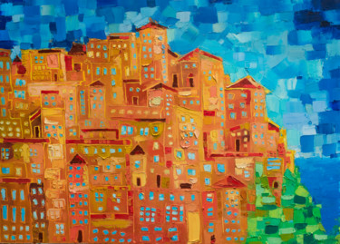 Painting titled "Manarola in Cinque…" by Mihail Ivanov, Original Artwork, Oil Mounted on Wood Panel