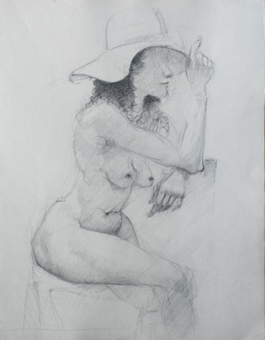 Drawing titled "Nude Lady With A Hat" by Mihail Ivanov, Original Artwork, Pencil
