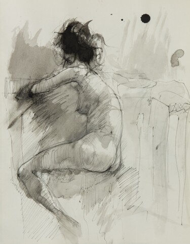 Tekening getiteld "Nude Woman with her…" door Mihail Ivanov, Origineel Kunstwerk, Inkt