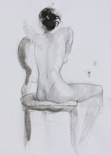 Tekening getiteld "Nude Girl with Blac…" door Mihail Ivanov, Origineel Kunstwerk, Inkt